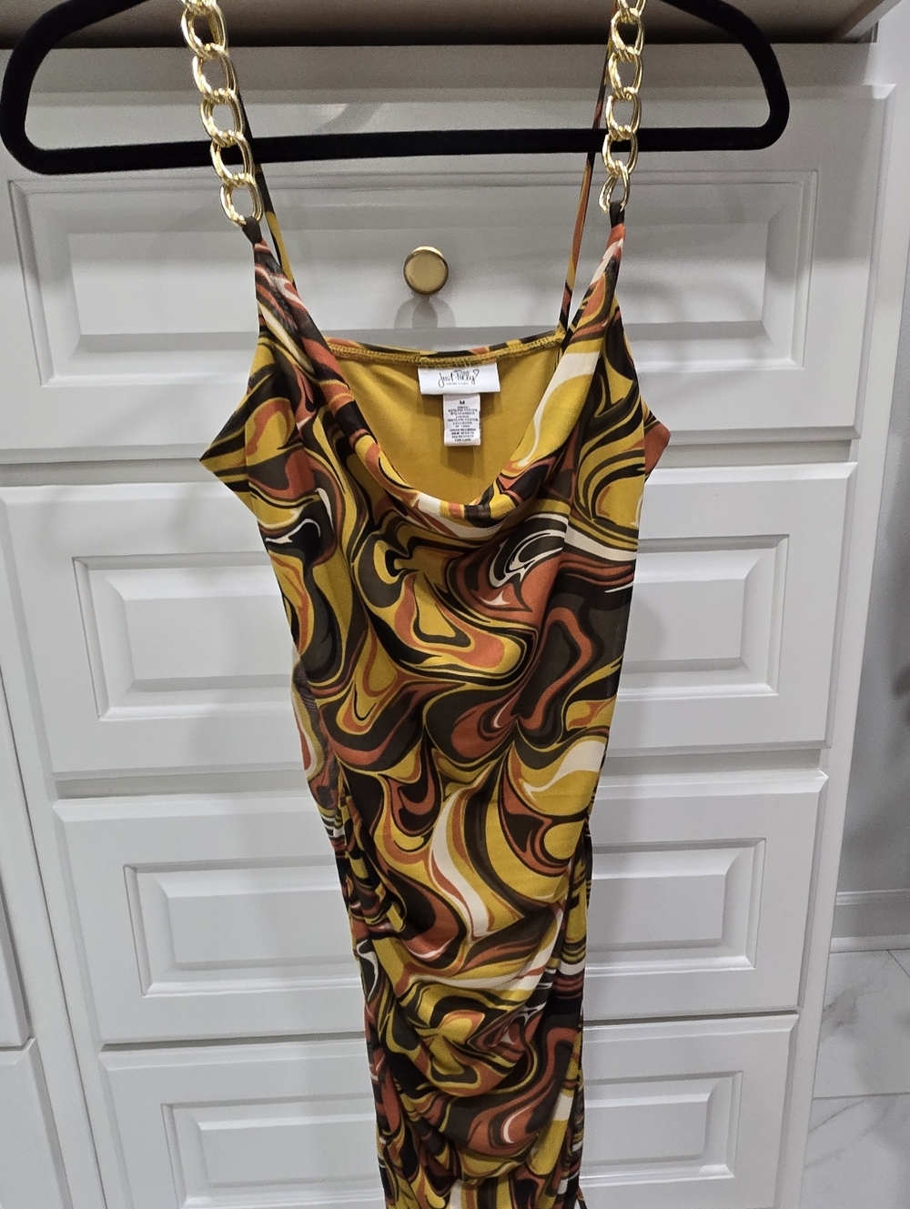 Cowl Neck Chain-Strap Dress in Mustard Swirl - Picture 1 of 6